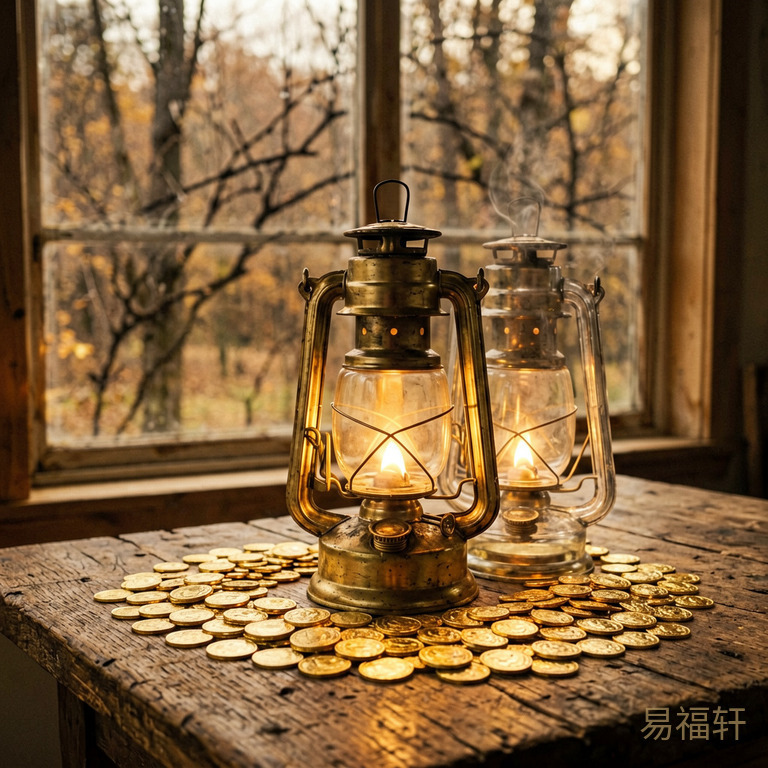 一盏油灯放在铺满金币的木桌上，窗外是秋天的枯枝剪影，光线温暖柔和