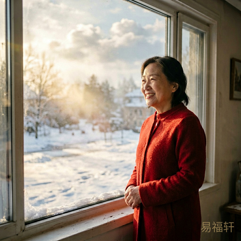 冬日清晨阳光穿透云雾照在雪地上，一位穿红色衣服的中年女性站在窗边微笑，窗外景色逐渐明亮温暖