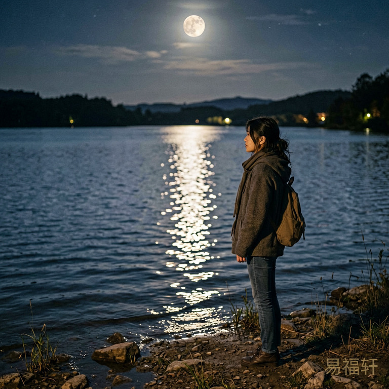 深夜水边场景，一位女性独自站在湖边望着月光下的水面，水面波光粼粼但整体氛围偏冷清孤独
