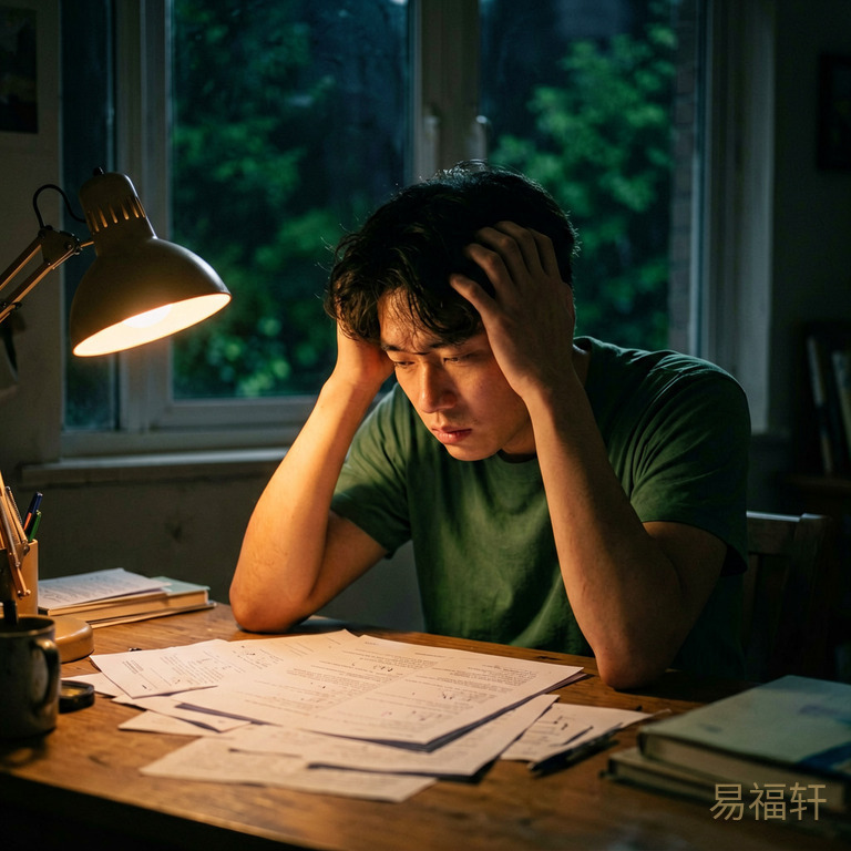 深夜书桌前，一个年轻人双手抱头对着散落的试卷发呆，台灯橘黄色的光圈狭小，窗外夜色深沉