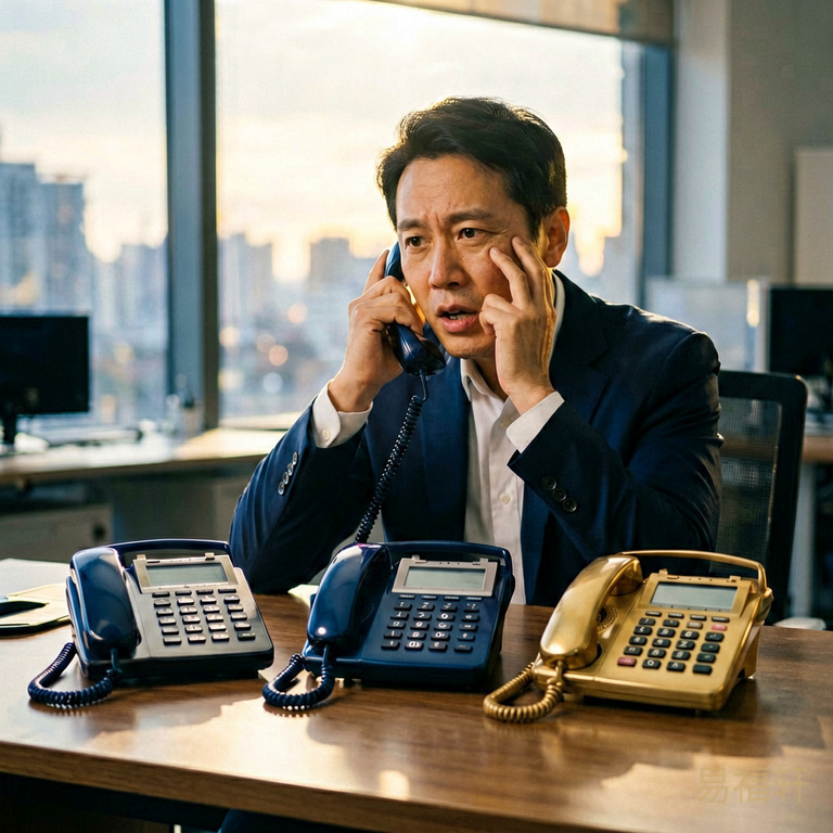 办公室桌面上同时放着三部正在响铃的电话机,一个人举着手左右为难