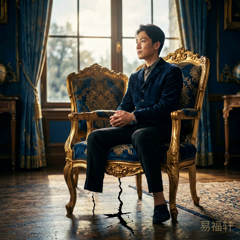 一个人坐在一把华丽的椅子上,椅子腿下面悄悄裂了一道缝