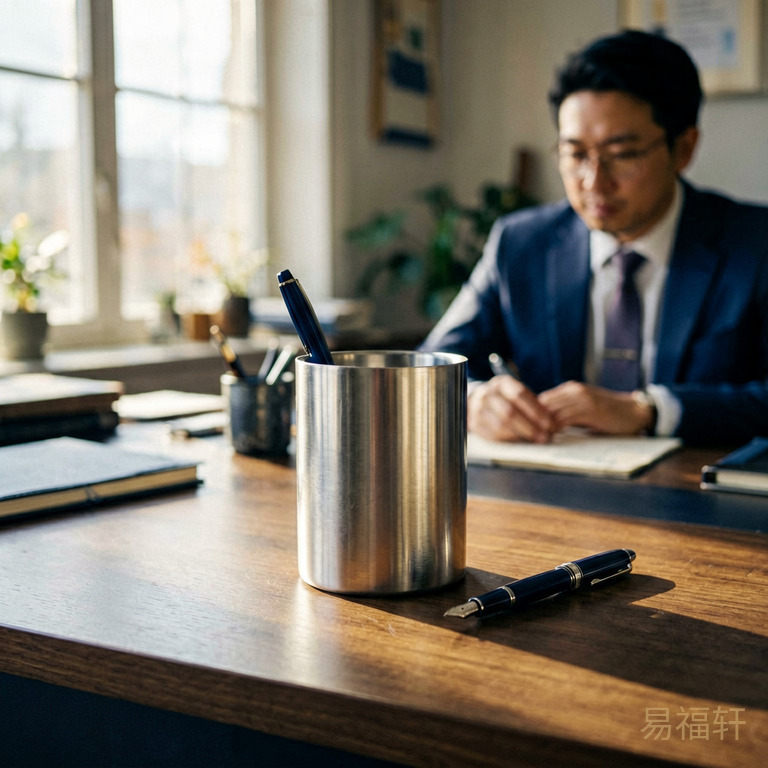 一张干净整洁的办公桌,桌面上放着一个银色金属笔筒和一支钢笔,阳光从窗户照进来