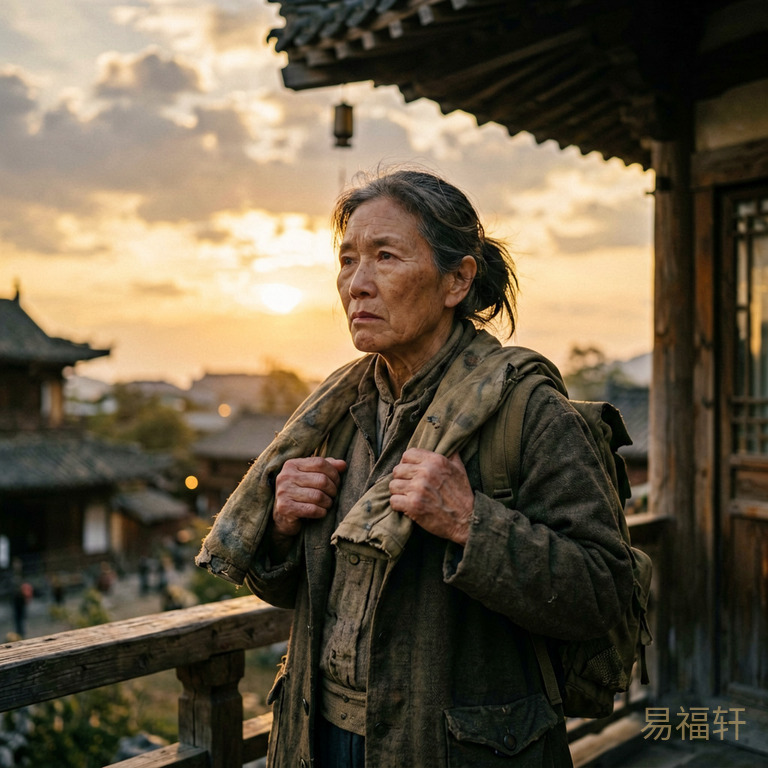 一位1968年生的属猴女性,神情隐忍坚毅,站在黄昏的屋檐下望着远处,肩上仿佛扛着看不见的重担,天边有一线暖光透出云端