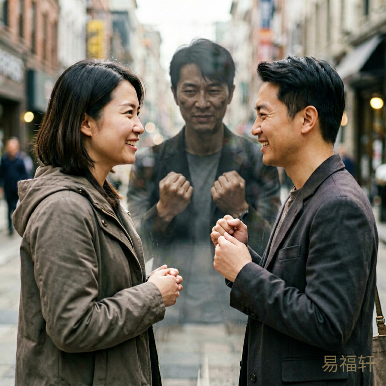 两个人面对面站着交谈，一个人面带微笑点头，但她身后的影子却显示出紧握的双拳，象征内外矛盾