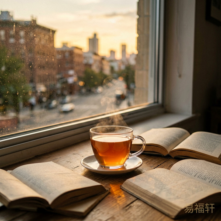 一杯清茶放在窗台边，窗外是黄昏的暖金色光线，桌上散落几本翻开的书，氛围宁静安详
