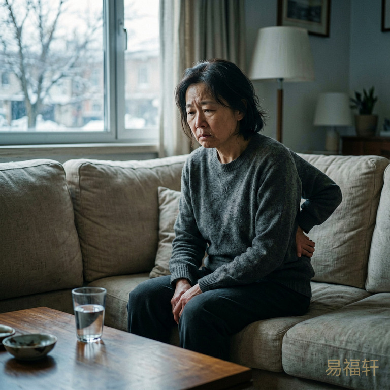 一位中年女性面容疲惫地坐在沙发上,手扶着后腰,窗外的冬日阳光稀薄冷清,室内灯光偏暗偏冷,她身边的茶几上放着一杯没喝完的温水,整个画面传递出寒湿体质里那种说不清的倦怠和沉重感