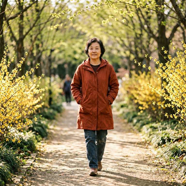 一位中年女性在春日午后的小路上散步,阳光透过嫩绿的树叶斑驳地洒在她身上,她穿着枣红色的薄外套,两手插在口袋里,脚步不紧不慢,神情平和放松,路边的迎春花正开着
