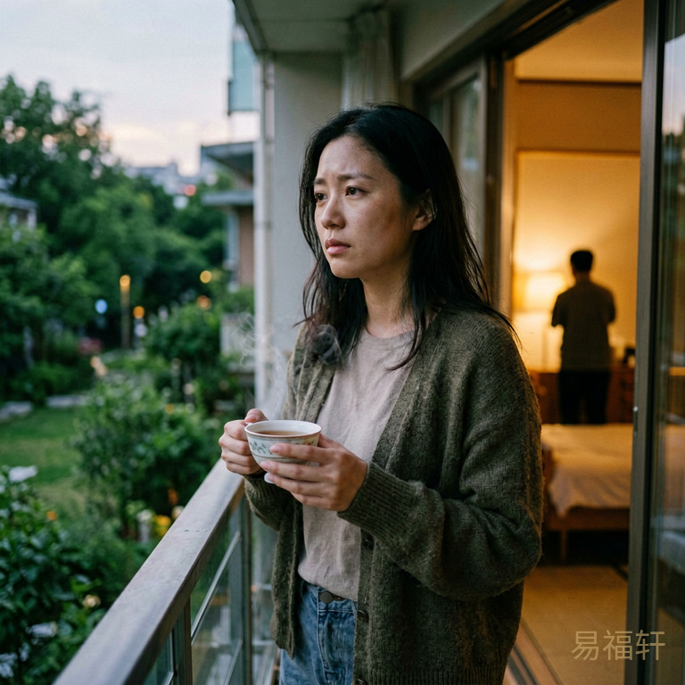 同一位女性傍晚时分独自站在阳台上，手里握着一杯热茶远眺远方，表情平静中带着一丝疲惫，身后房间内灯光温暖但人影孤单
