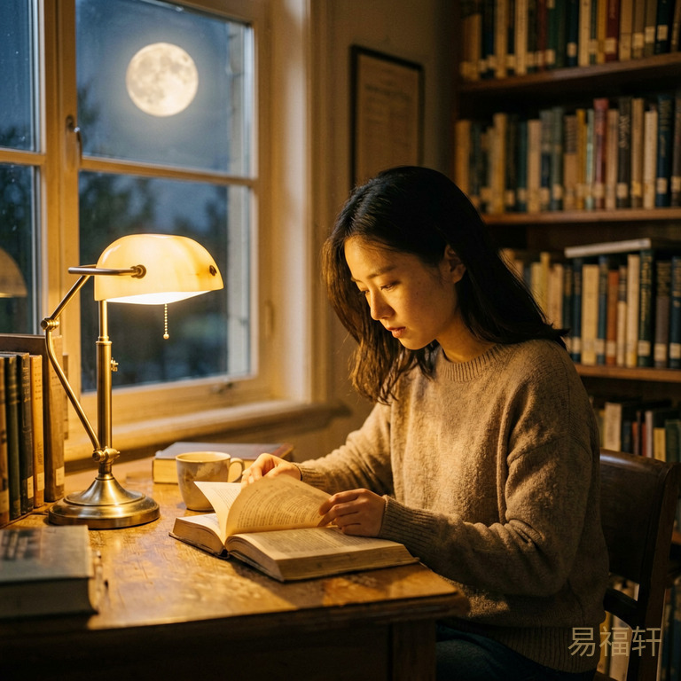 一个女孩深夜独自在图书馆看书，窗外有月光照进来，台灯发出温暖的光