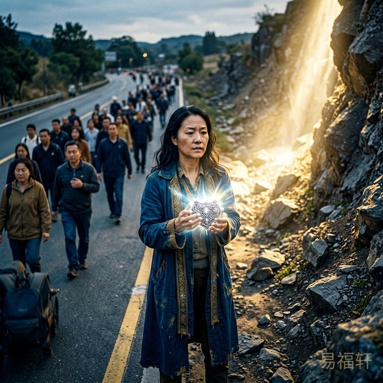 一个女性站在分岔路口,左边的路平坦但人多拥挤,右边的路崎岖但前方有光芒照射,她手上的银饰在发光指引方向