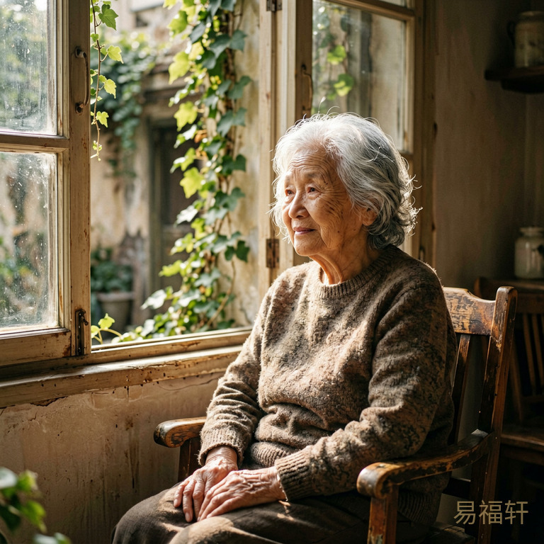 一位白发老奶奶坐在老式木椅上,透过窗户看着院子里的藤蔓,阳光洒在她的银发上,表情平和而深邃