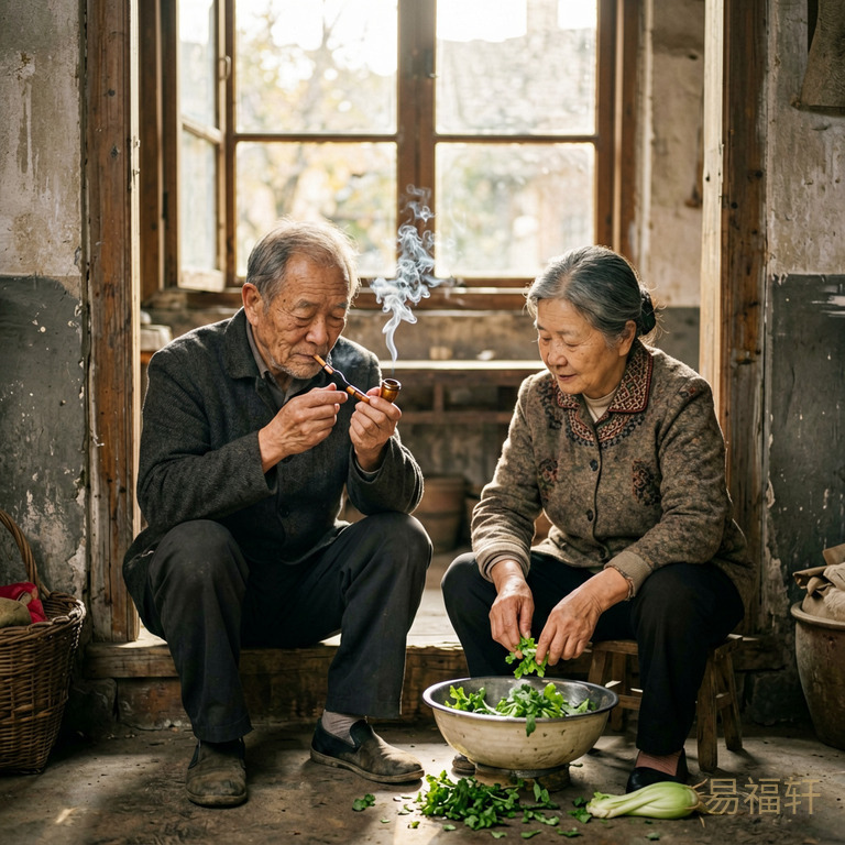 一对老年夫妻坐在老房子的门槛上,老头子低头抽着烟袋,老太太在旁边择菜,两人不说话却有一种默契的平静