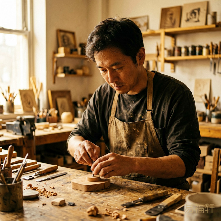 一个未时出生的男人在工作室做手艺活,眼神专注,双手灵活,周围有工具和作品,光线温暖但不太亮