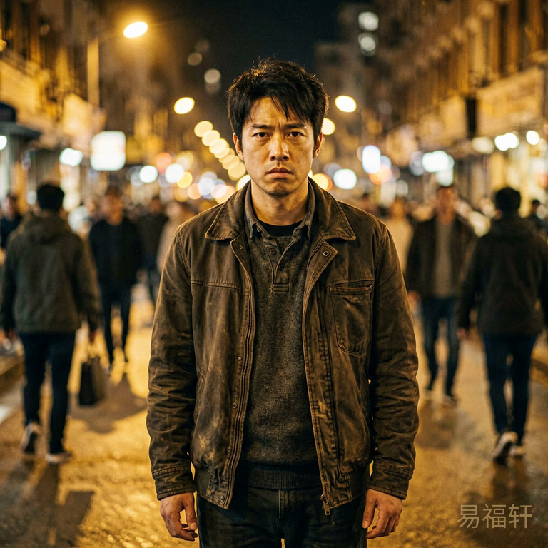 一个戌时出生的男人在夜色中独自站立,背后有纷乱的光影和人影,表情坚韧但透出压力,周围寒意逼人