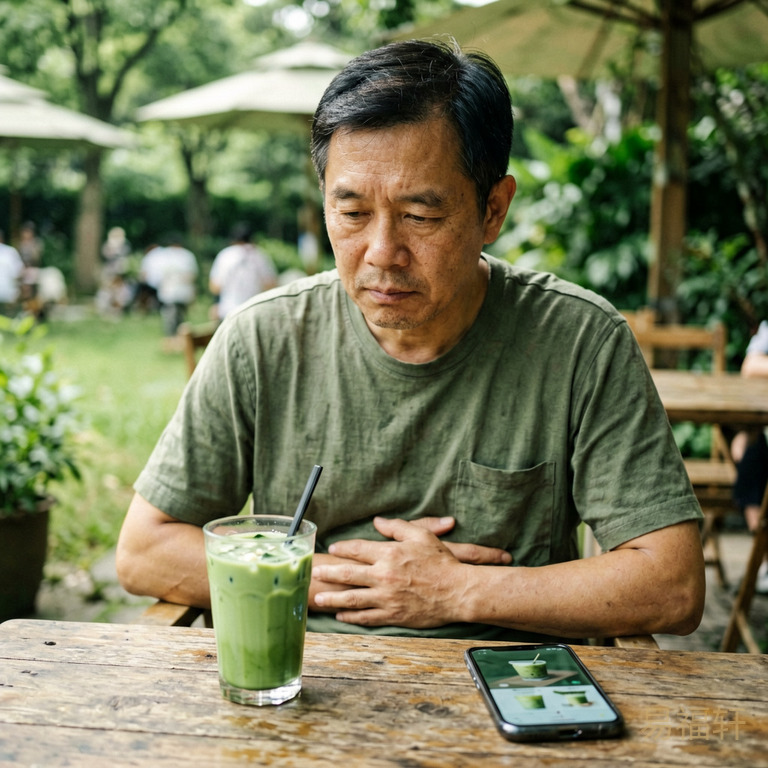 一个中年男人坐在餐桌前,面前摆着一杯茉莉绿奶茶,手捂着胃部,表情若有所思,旁边手机屏幕上显示奶茶配方