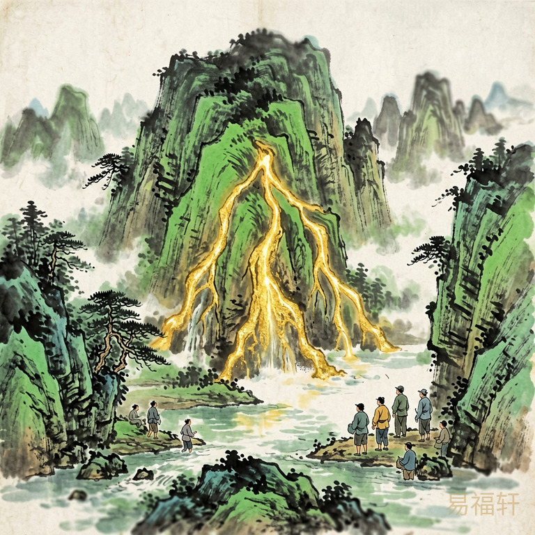中国传统水墨画风格,一座大山内部有三条金色的矿脉向外延伸,但矿脉的尽头是空的,没有水流承接,画面呈现出一种能量耗散却无处着落的感觉