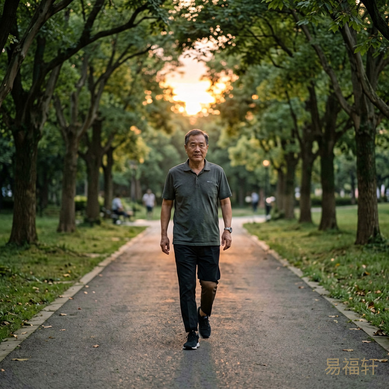 傍晚公园步道,一位中年男性在散步,远处夕阳柔和,路上有树荫,画面温暖宁静,体现运动和自然接触的调理场景