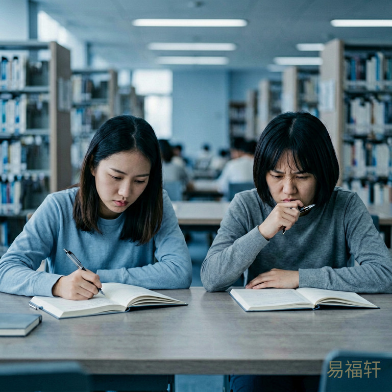 两个学生在图书馆自习,一个神情专注笔尖飞舞,另一个眉头紧锁啃着笔头