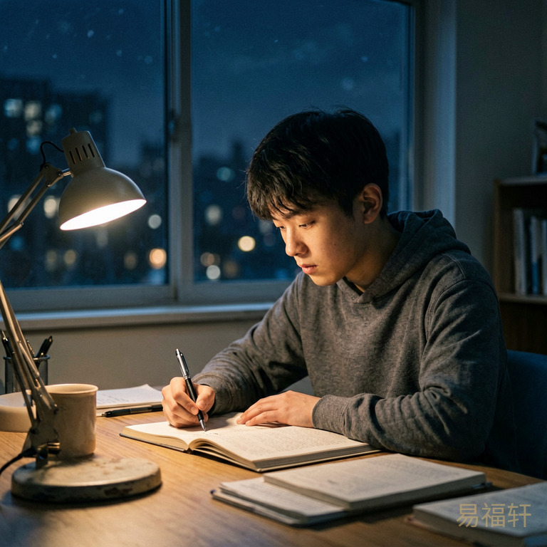 一个少年在深夜的书桌前奋笔疾书,窗外夜色深沉,桌上灯光温暖