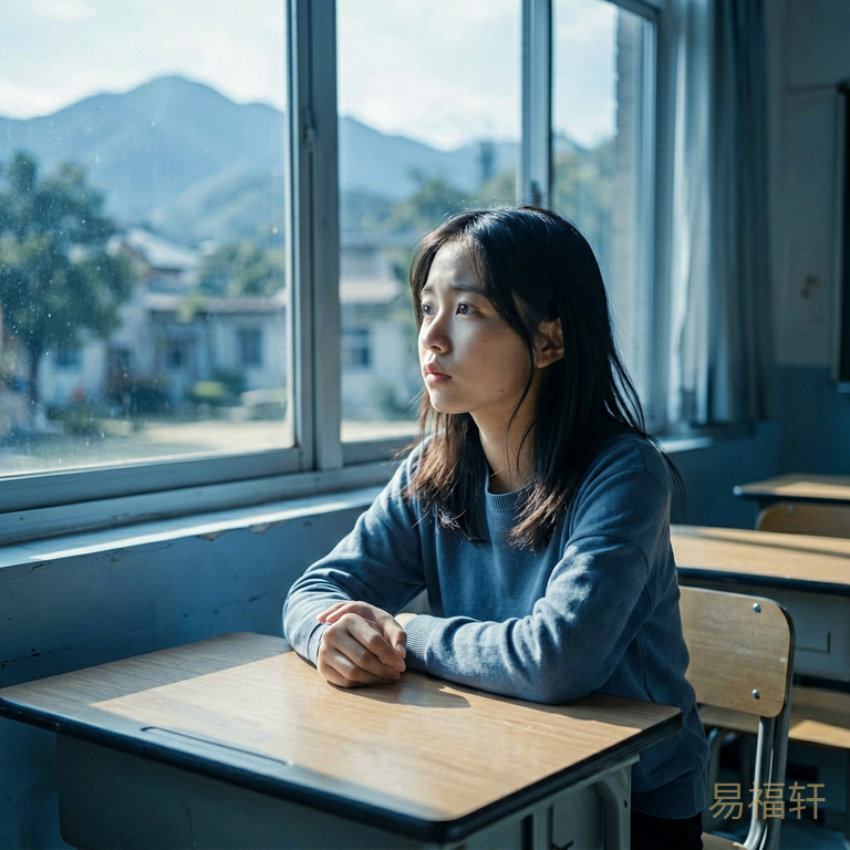 一个女孩坐在教室里望向窗外,阳光洒在课桌上,表情有些疲惫但眼神坚定