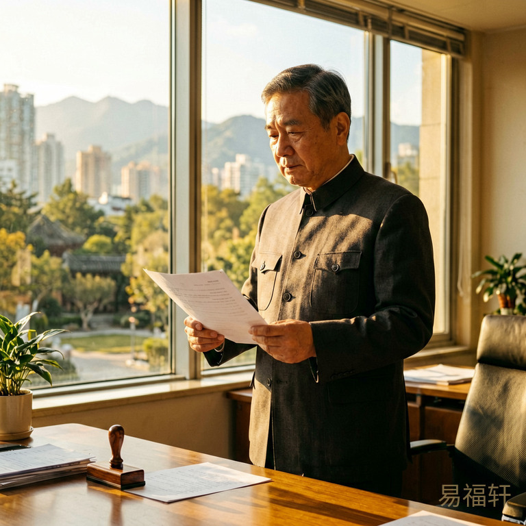 一个穿着中山装的中年男人站在办公室窗前,手里拿着一份文件,阳光从窗外照进来,桌上放着印章,窗外是城市天际线