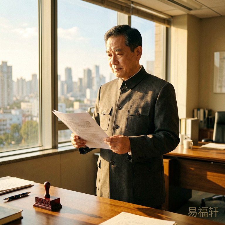 一个穿着中山装的中年男人站在办公室窗前，手里拿着一份文件，阳光从窗外照进来，桌上放着印章，窗外是城市天际线