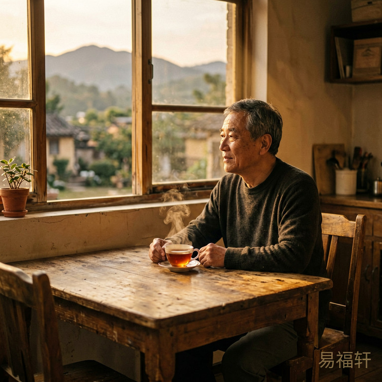 一个中年男人坐在老式餐桌前，对面椅子空着，桌上一杯茶已经不冒热气了，傍晚的光从窗户斜照进来