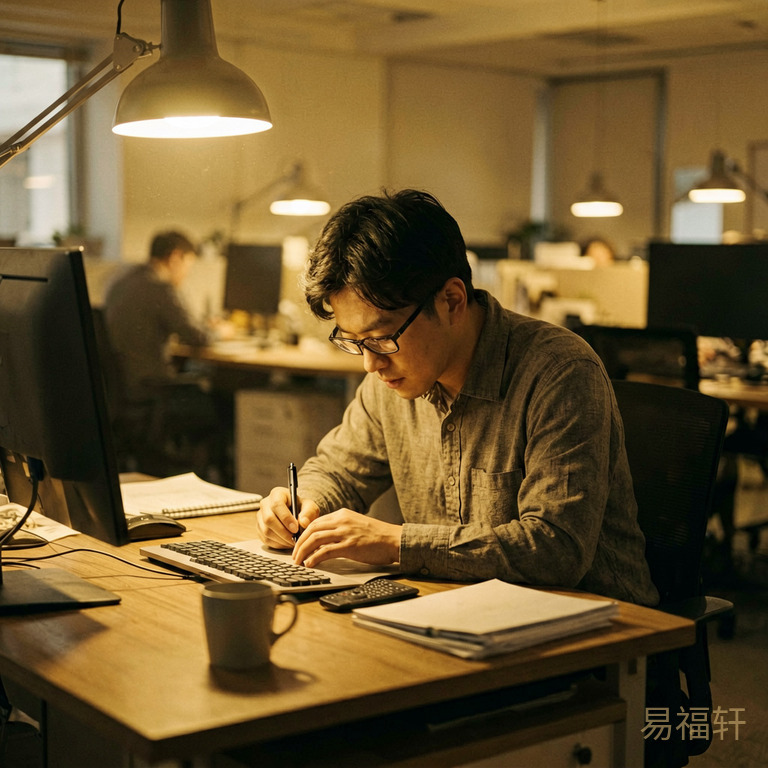 一个埋头认真工作的人,周围工位空无一人,灯光只打在他一个人身上
