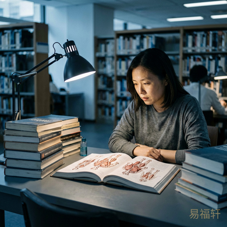 一个医学生深夜在图书馆自习，桌上堆满了厚厚的医学教材，台灯的光打在一本翻开的解剖图谱上