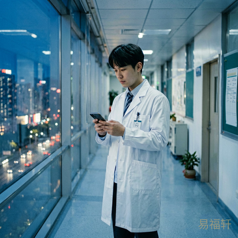 一个穿白大褂的年轻医学生站在教学楼走廊，手里拿着手机，窗外是繁华的城市夜景