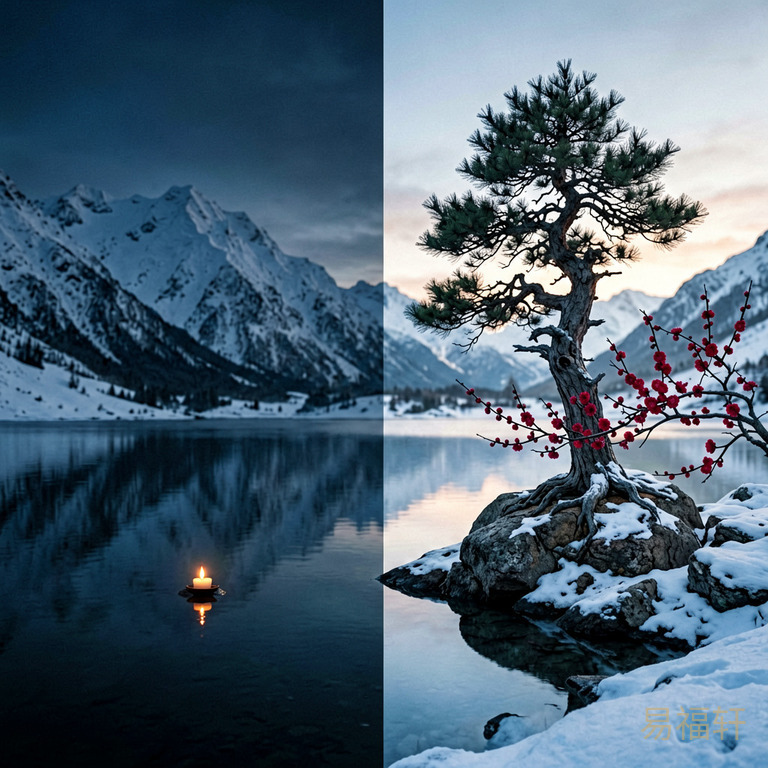 冬天的雪山，一面是深夜黑暗中一点微弱烛光在水面上摇摇欲坠，另一面是黎明时分一棵老松树根扎在岩石上，旁边一枝红梅绽放，整个画面冷暖对比强烈