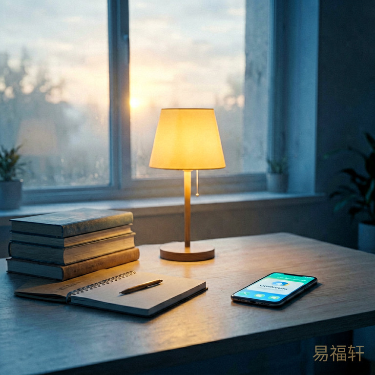 一张书桌，左边是一摞书和笔记本，右边是一部亮着屏幕的手机显示着进账提示，书桌中间一盏台灯洒下暖黄色光芒，窗外是清晨的朝阳透过薄雾照进来，整体氛围是温馨中带着选择的张力