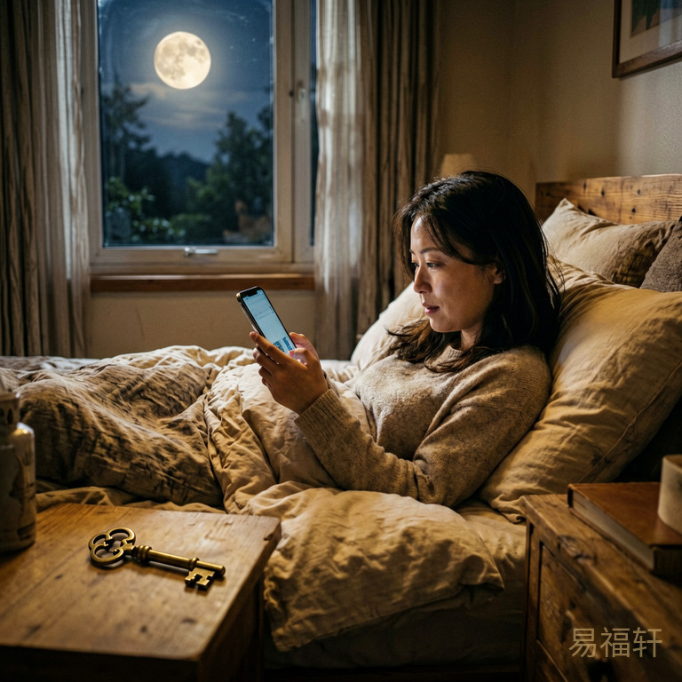 凌晨1点的卧室,一个属猴女生躺在床上看手机,窗外月色正浓,床头柜上放着一把铜钥匙,隐喻财库的钥匙在等着时机到来