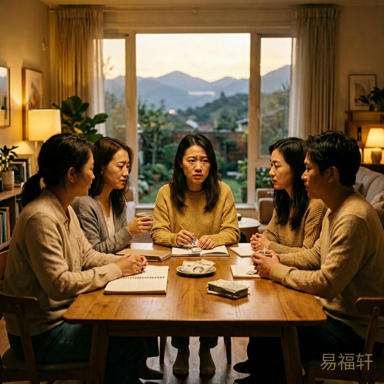 傍晚的客厅,一个属猴女生和几个朋友坐在餐桌旁,桌上放着账本和钱,朋友在分钱,女生表情无奈——暗示财被劫走