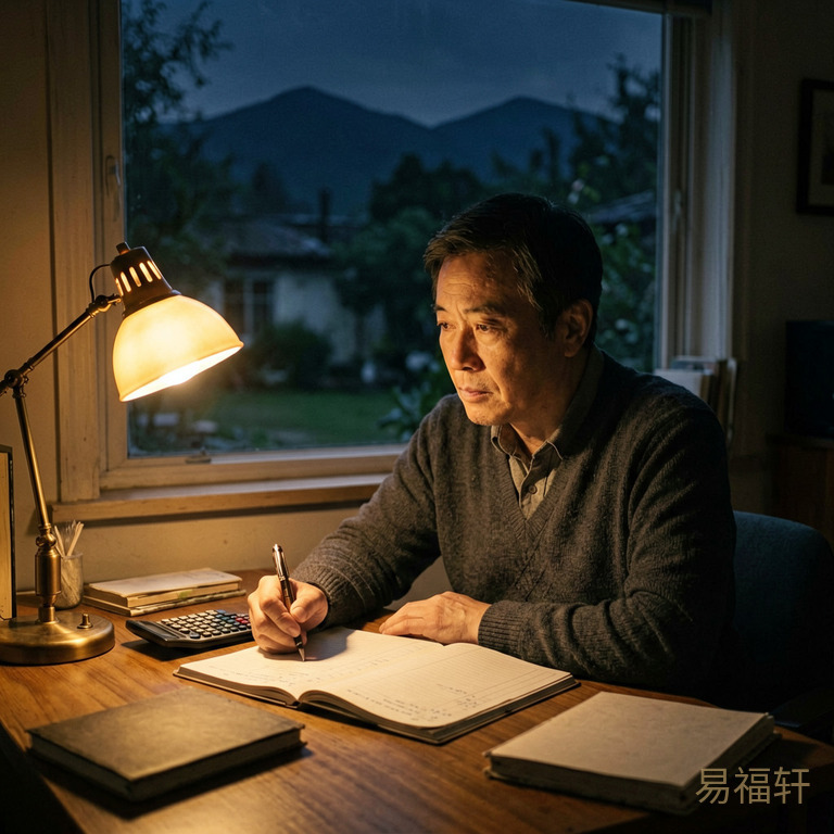 一个中年男人深夜里独自坐在书桌前,台灯昏黄,面前摊着账本和计算器,神情若有所思,窗外夜色深沉