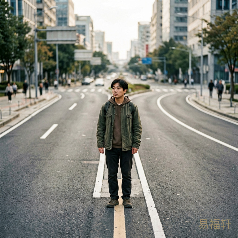 一个岔路口的隐喻画面,左手边是一条笔直但狭窄的上班路,右手边是一条弯曲但宽阔的创业路,一个人站在路口犹豫