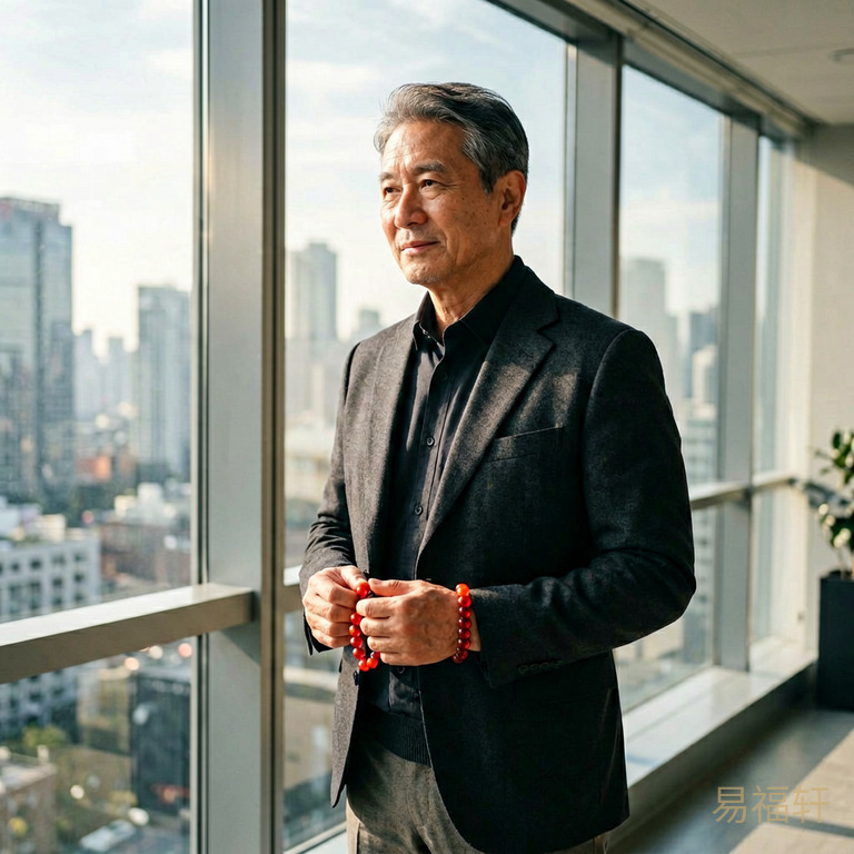 一位精神矍铄的中年男人站在落地窗前,窗外阳光洒满城市天际线,他手里握着一串红玛瑙手串,姿态自信从容