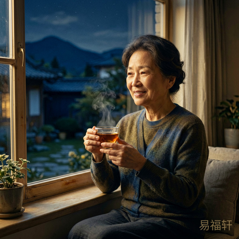 一位55岁左右的属猪女性,凌晨时分坐在家中窗边,手里端着热茶,窗外是宁静的夜色,面带从容微笑,气场沉稳优雅