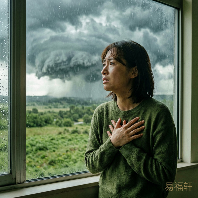 一个人站在窗前看台风大雨，手按着胸口表情紧张