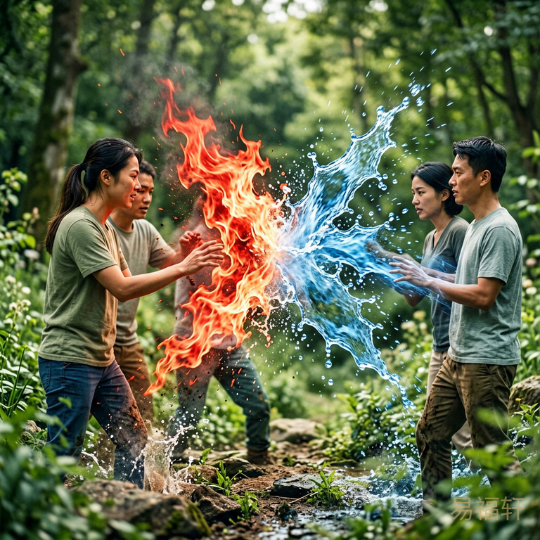 五行元素水火对峙的概念图，红色火焰和蓝色水流在空中碰撞