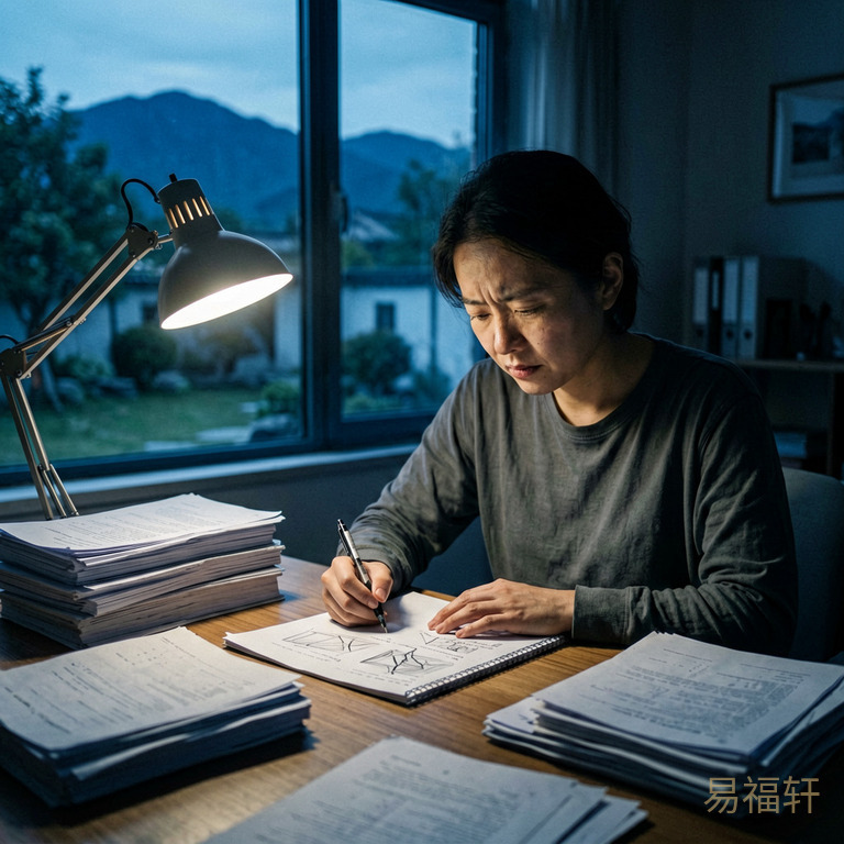 深夜书桌前堆满试卷,台灯照着紧锁的眉头,笔停在半页草稿纸上
