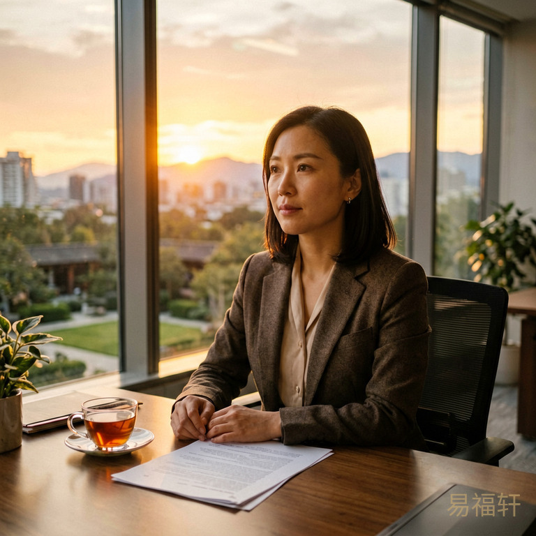 一位职场女性坐在办公桌前,窗外是城市落日,表情平静而坚定,桌上放着一杯茶和一份文件