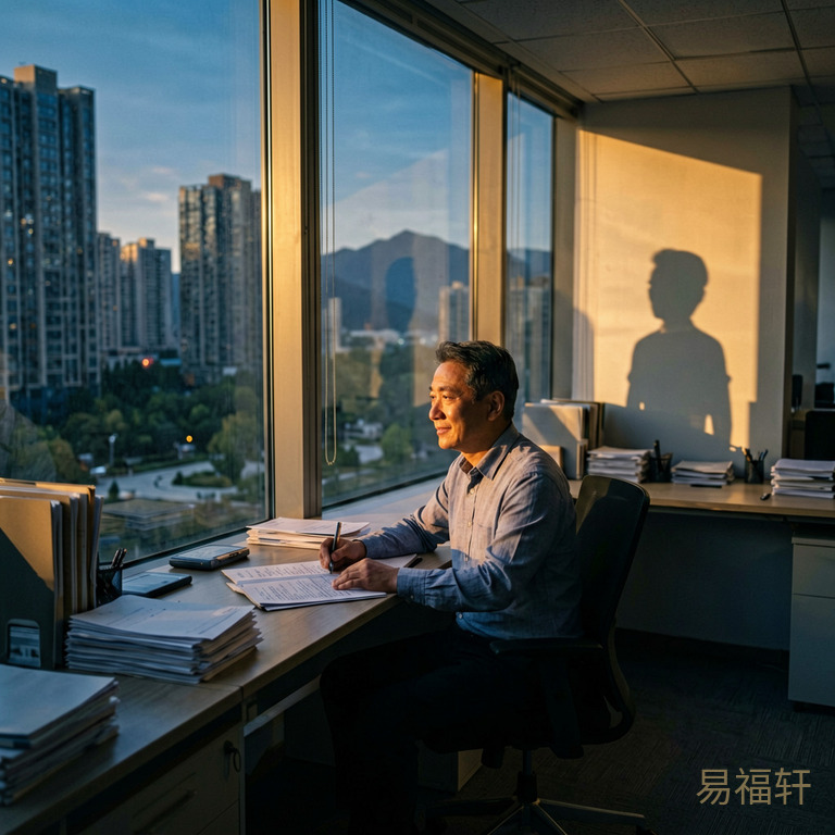 办公室傍晚,一位中年男子独自坐在靠窗工位上,窗外高楼林立,桌上堆着文件,身边工位已经空了,只有他自己的影子被夕阳拉得很长