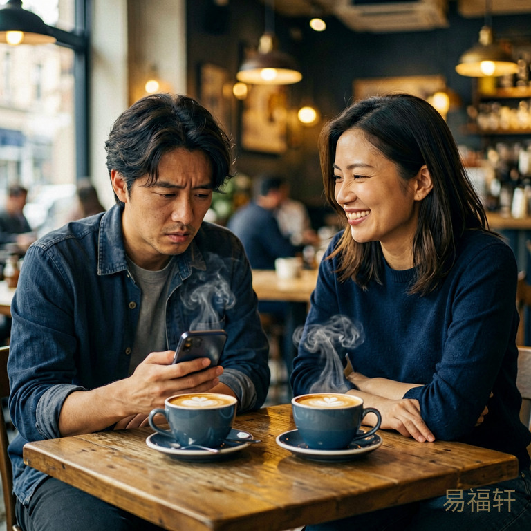 两位同龄人在咖啡馆聊天,一位神情落寞地看手机,另一位微笑着倾听,桌上两杯咖啡的热气缓缓升腾