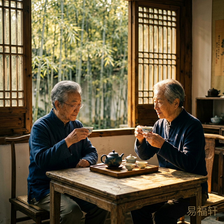 一个安静的茶室里,两位年长的朋友对坐品茶,窗外竹林摇曳,阳光透过木格窗洒在桌上