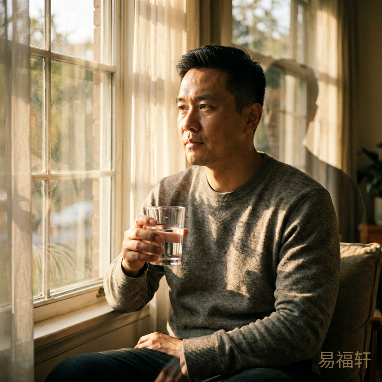 一个属虎的男人坐在午后的窗前,阳光透过窗帘洒在他身上,他手里端着一杯水,神情平静而坚定,身后仿佛有一道模糊的保护影子