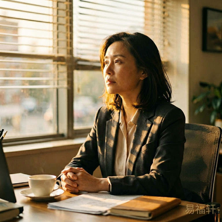 一位55岁职场女性坐在办公室里望向窗外,阳光透过百叶窗打在脸上,表情平静中带着一丝忧虑,办公桌上放着茶杯和文件