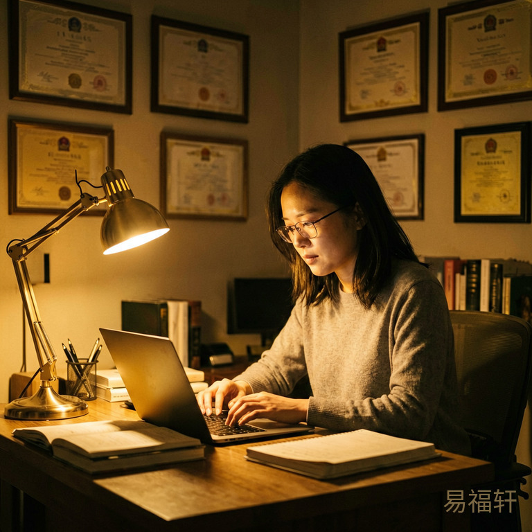 一位职业女性在书房深夜工作,台灯照着笔记本和书籍,墙上挂着各种证书和奖状,氛围温暖而专注