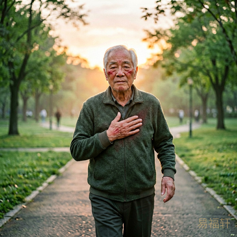一位76岁老人清晨在公园缓步晨练，手抚胸口面色微红，身后初升的太阳透着暖色调光线